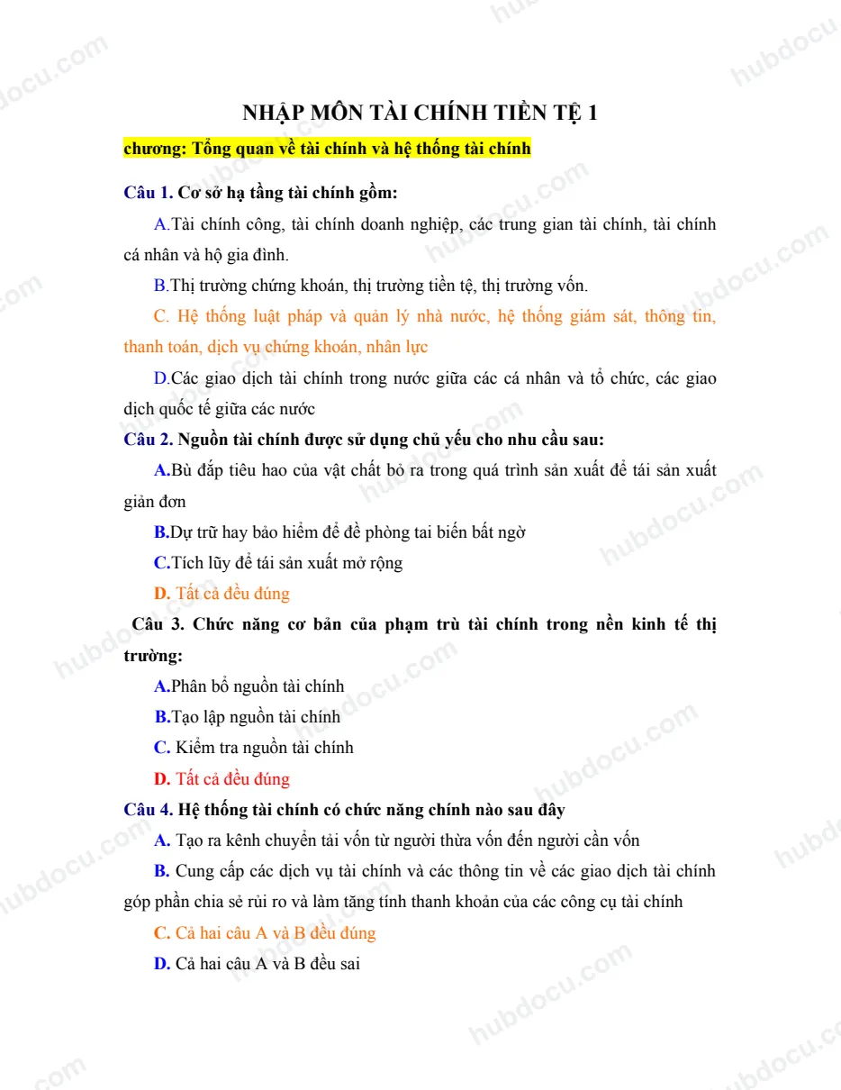 Trắc nghiệm nhập môn Tài chính tiền tệ (kèm Đáp án)