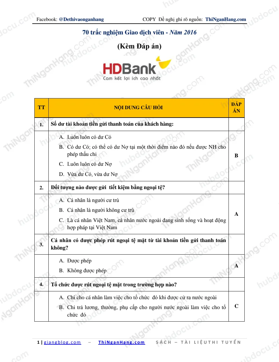 70 câu trắc nghiệm Giao dịch viên HDBank 2016 (kèm Đáp án)