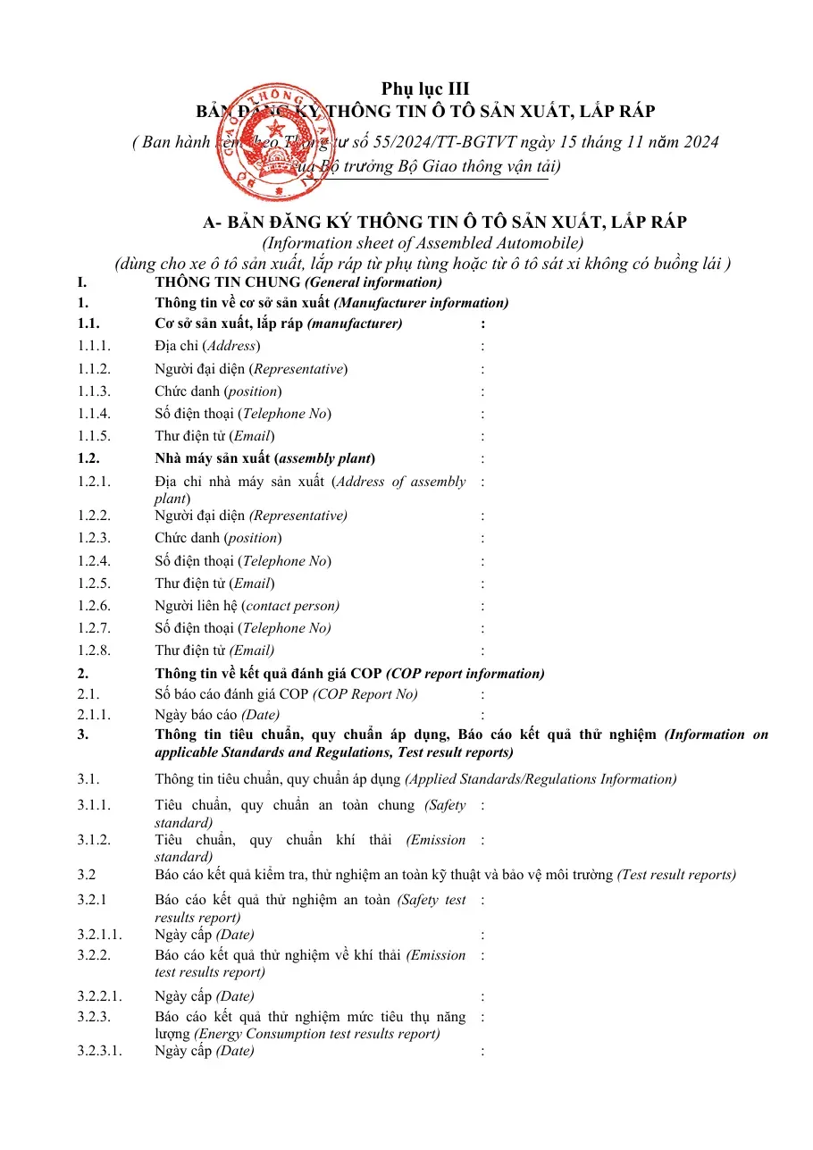 (Phụ lục III) Bản đăng ký thông tin ô tô sản xuất, lắp ráp (kèm Thông tư 55/2024/TT-BGTVT)