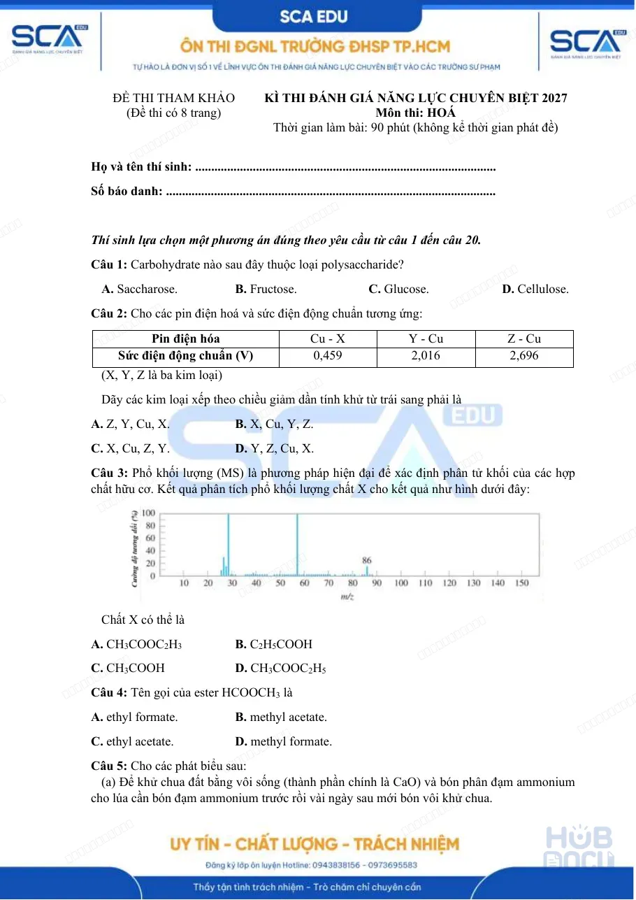 Đề thi tham khảo Đánh giá năng lực (H-SCA) SP.HCM môn Hóa học