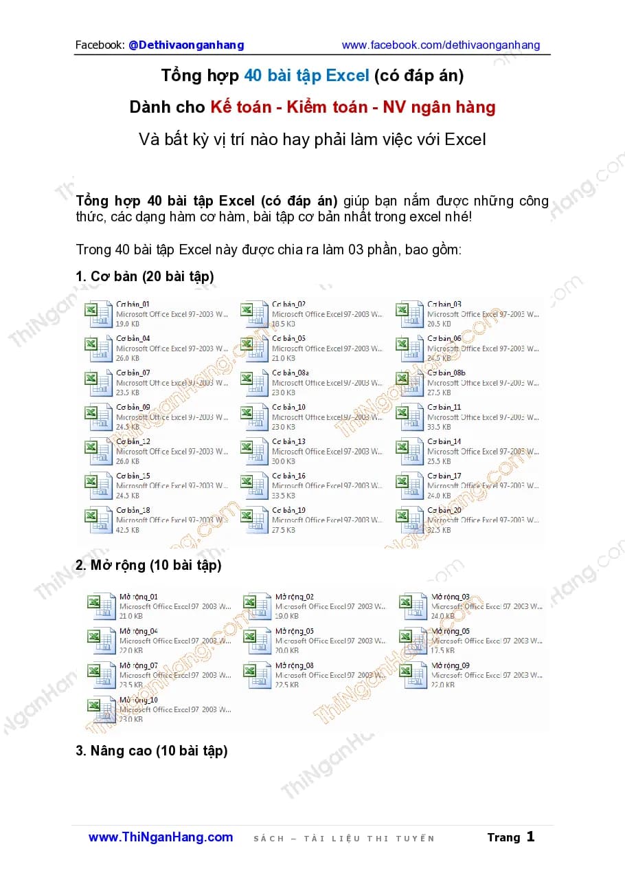 Tổng hợp 40 bài tập Excel dành cho Kế toán Kiểm toán NV ngân hàng (có đáp án)