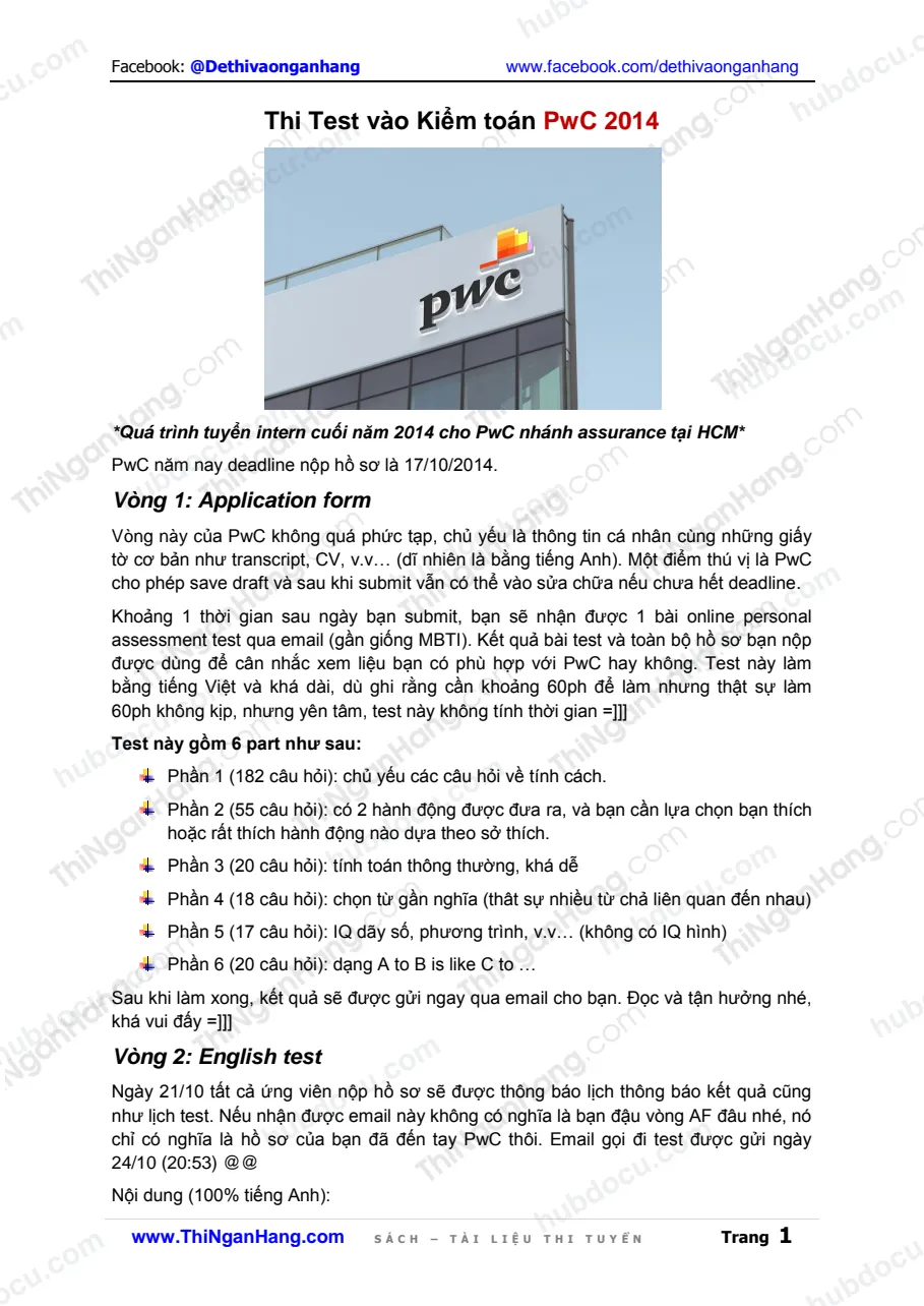 Thi Test vào Kiểm toán PwC 2014