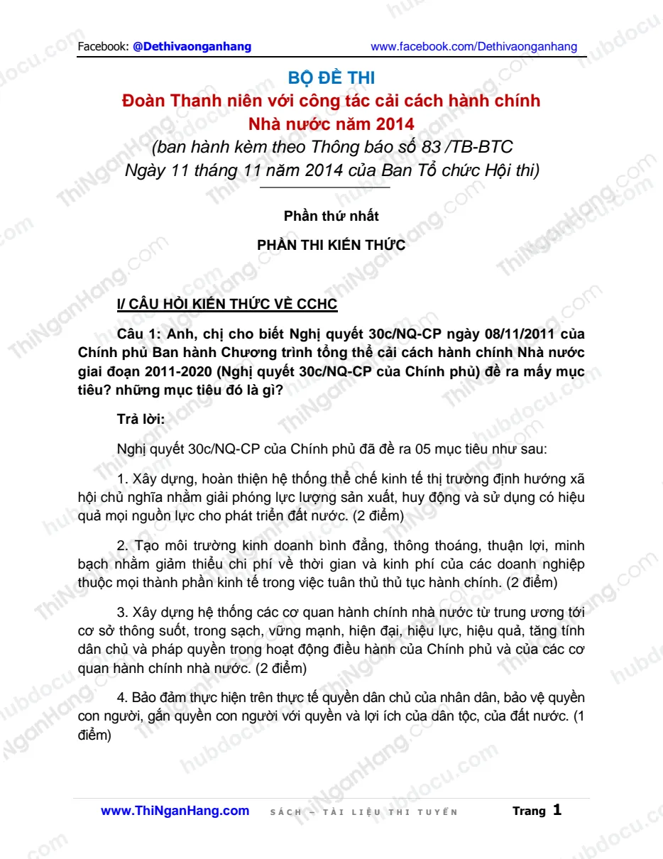 Bộ đề thi Đoàn thanh niên với Cải cách Hành chính Nhà nước 2014