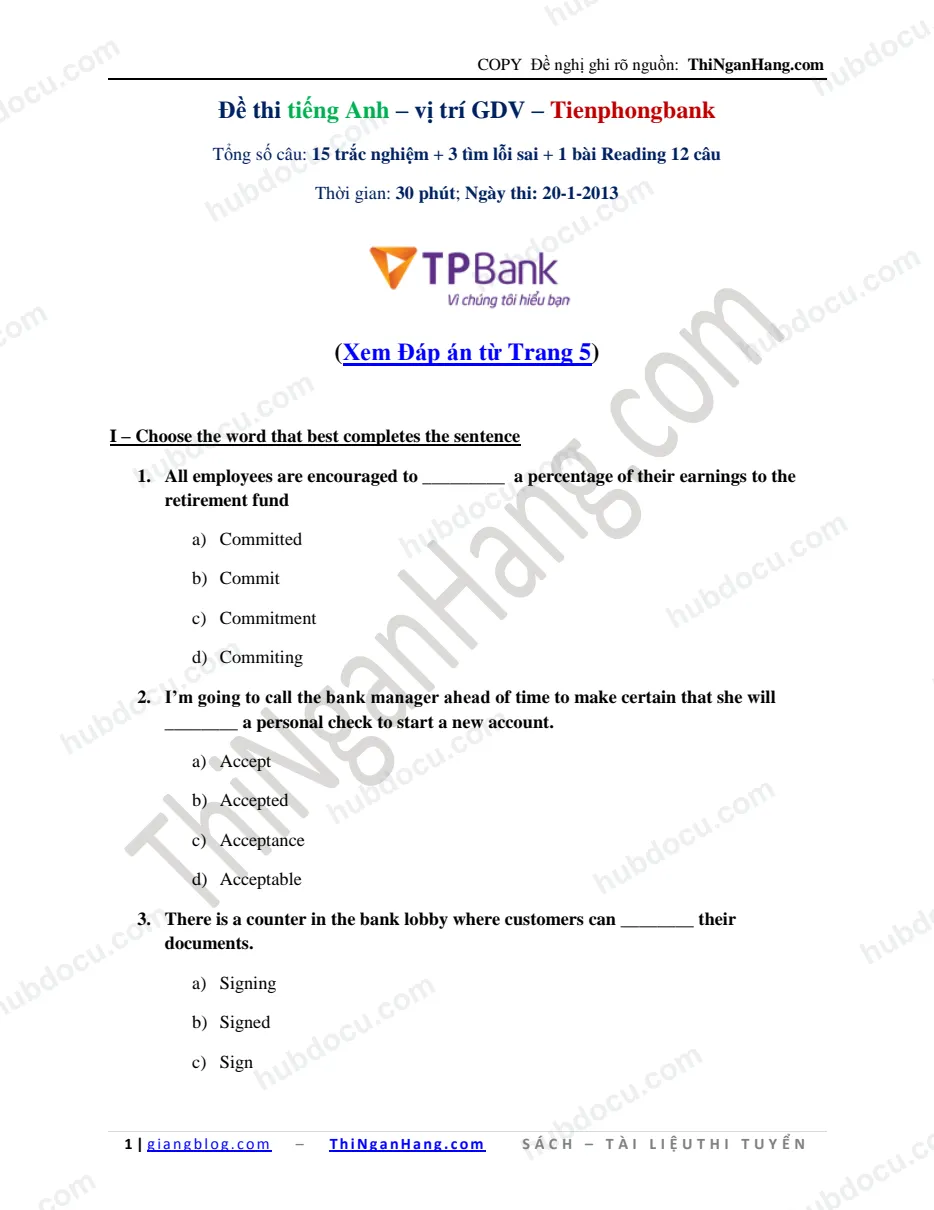 Đề thi Anh Văn - Vị trí GDV vào TienPhongBank (TPB) 20-1-2013