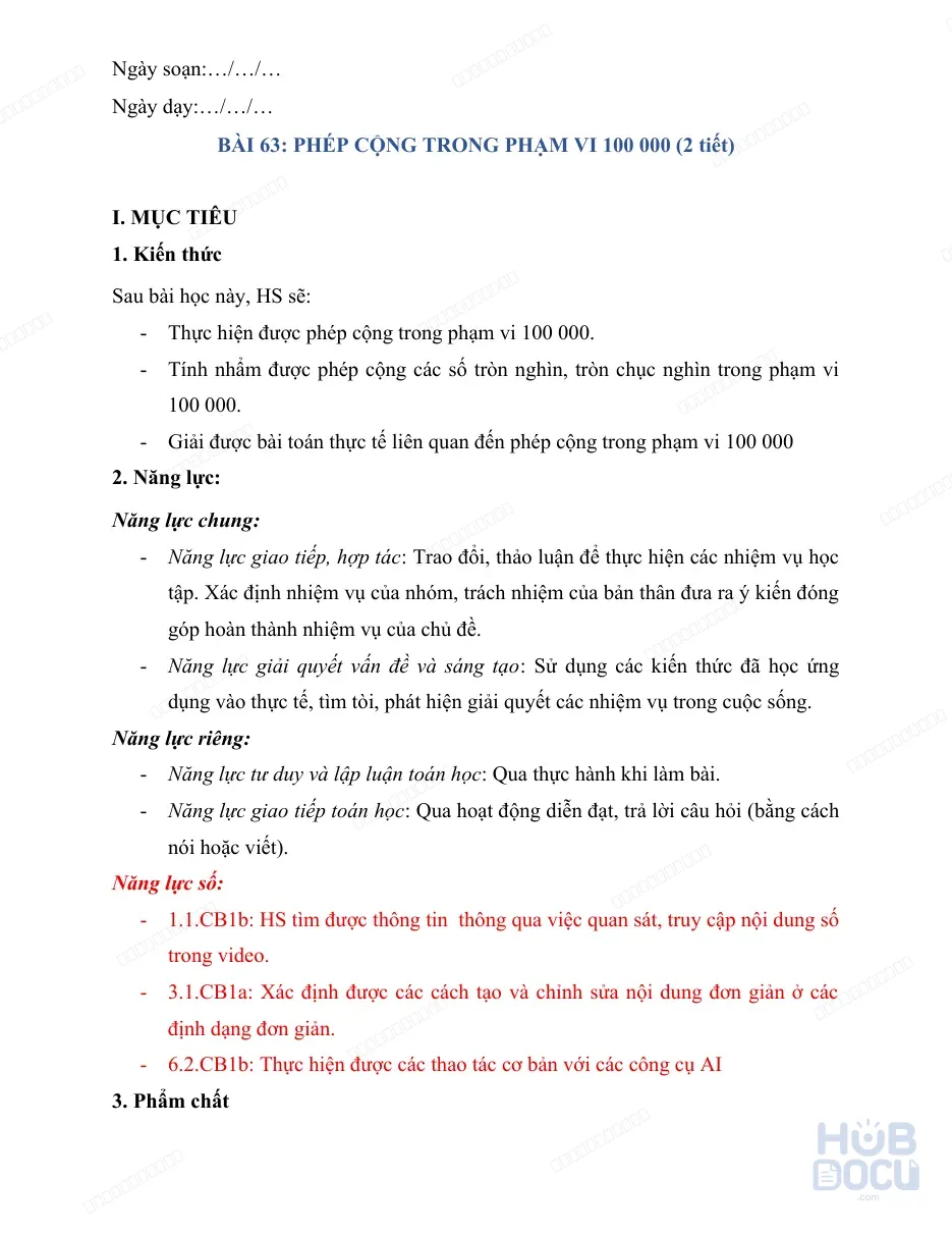 Giáo án Tích hợp năng lực số (Toán 3-HK 2) - Bài 63. Phép cộng trong phạm vi 100 000