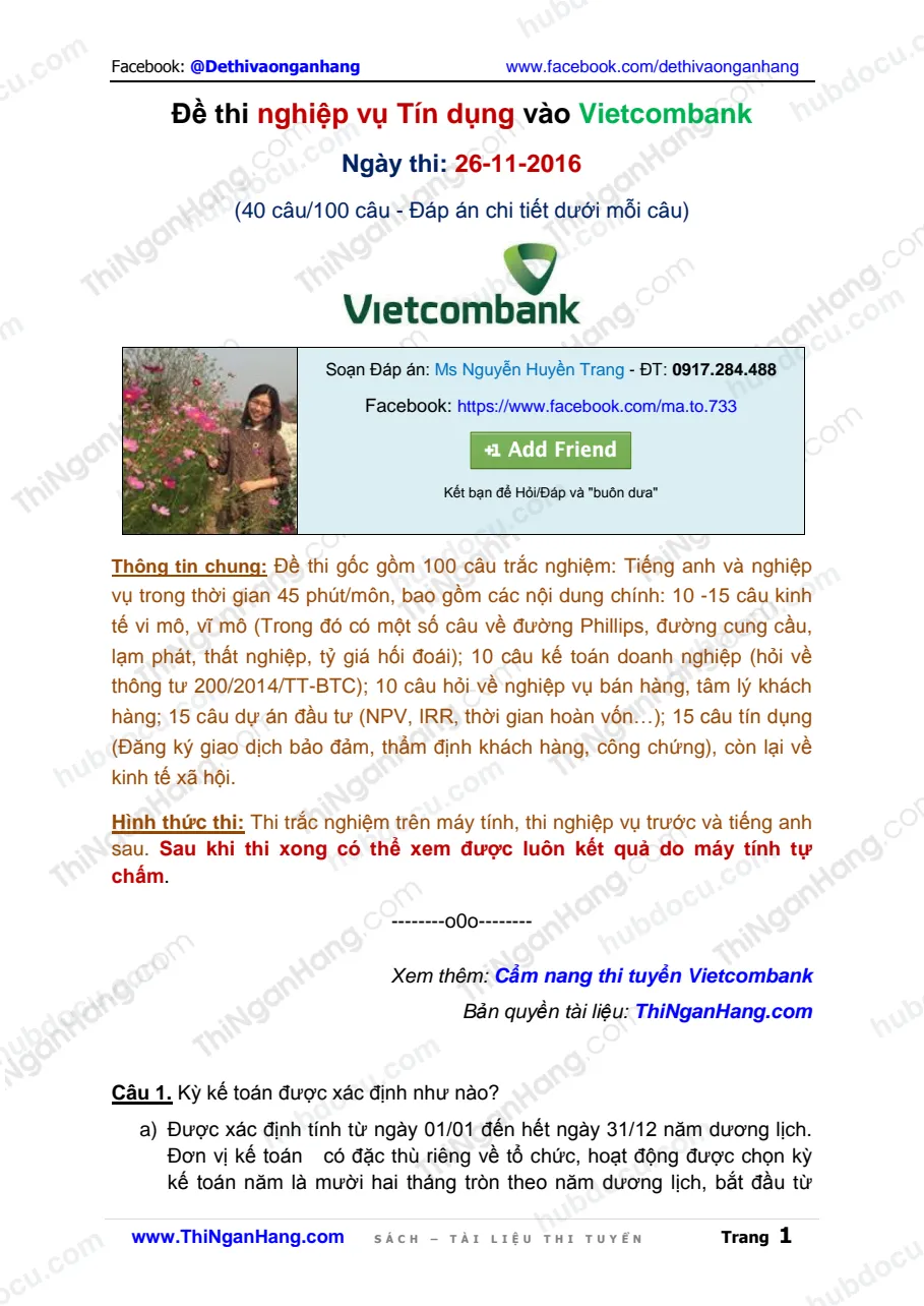 Giải Đề thi Tín dụng Vietcombank (VCB) (26-11-2016) (40-100 câu)
