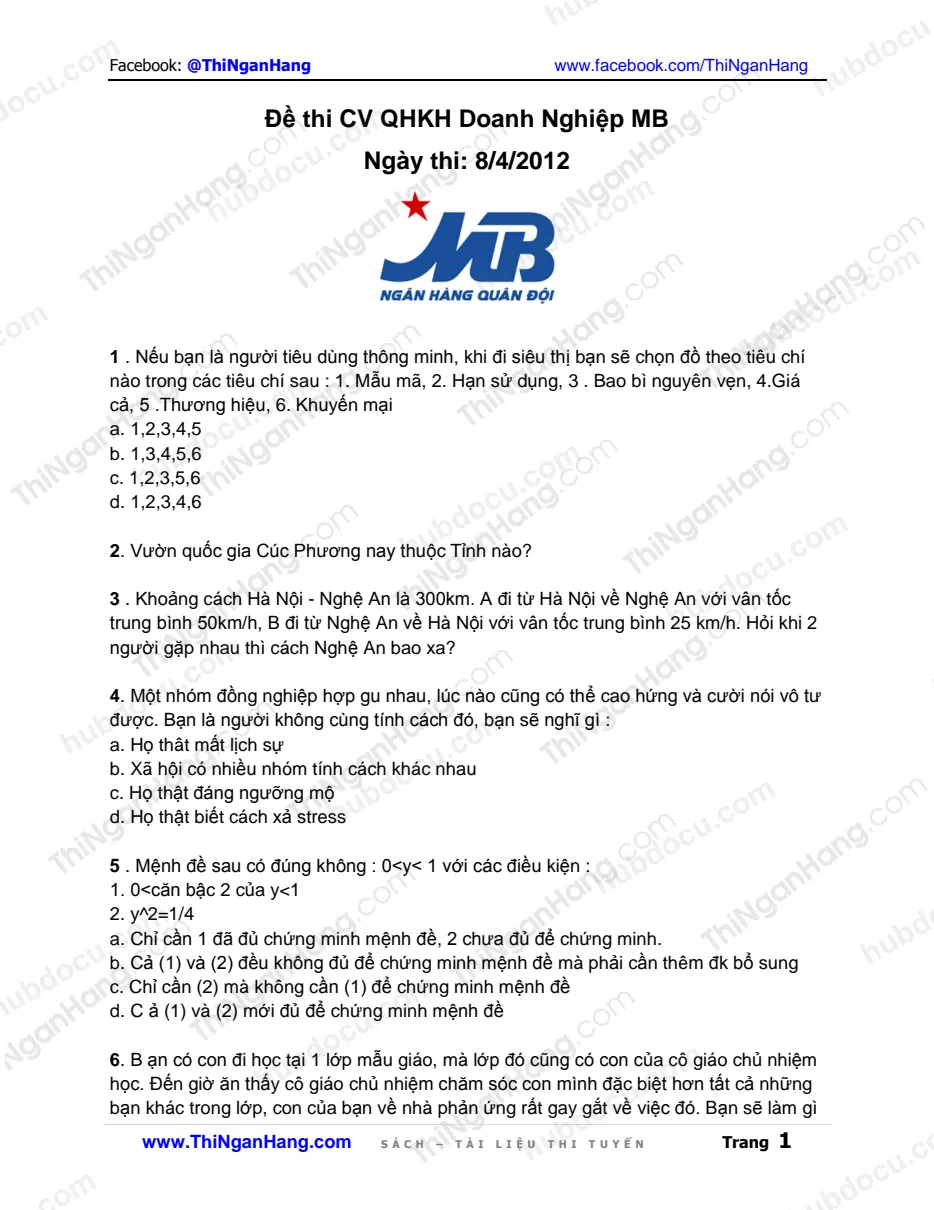 Đề thi CV Quan hệ khách hàng Doanh nghiệp MB (ngày 8-4-2012)