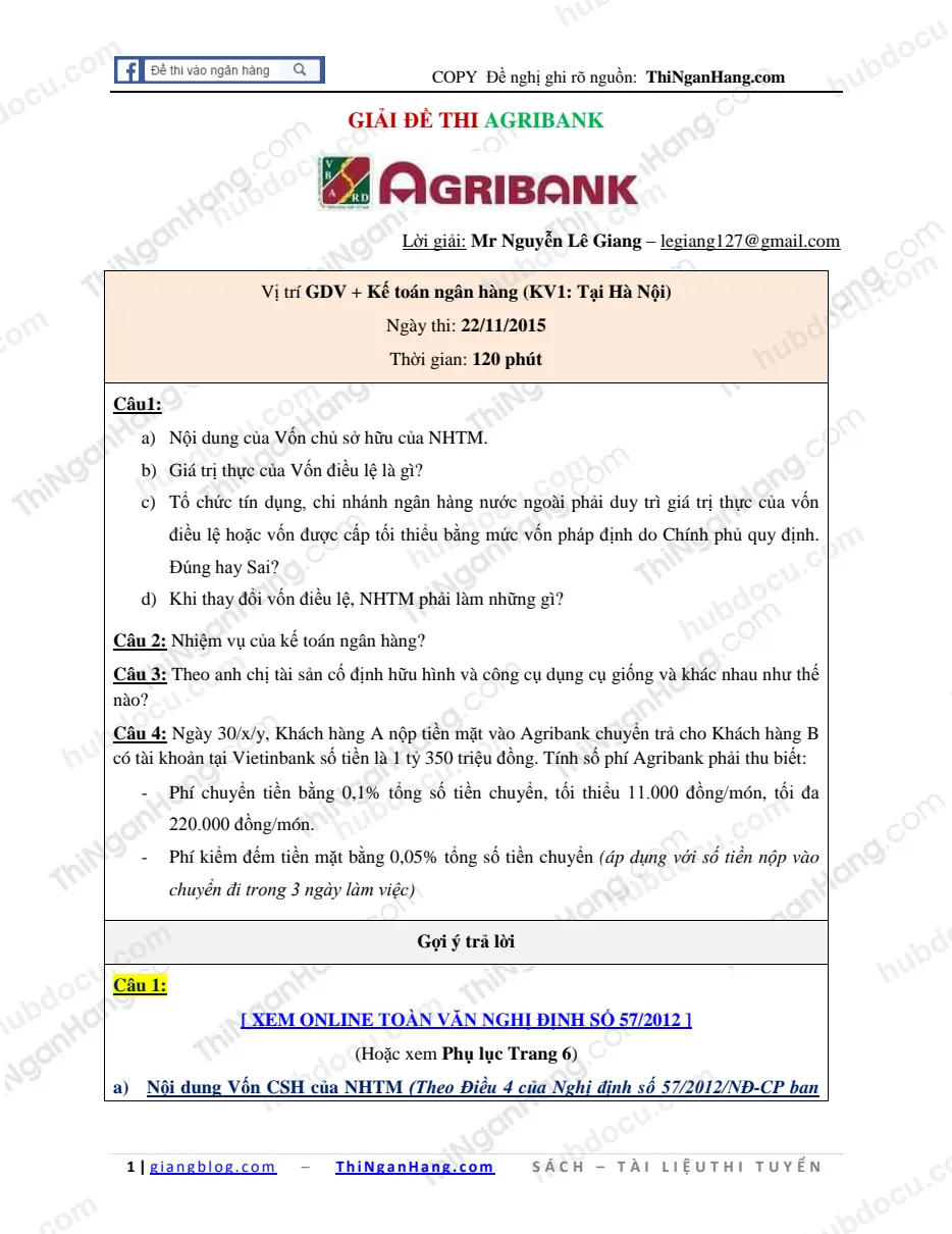 Giải đề thi GDV Kế toán ngân hàng Agribank 22-11-2015 (KV1 - Hà Nội)