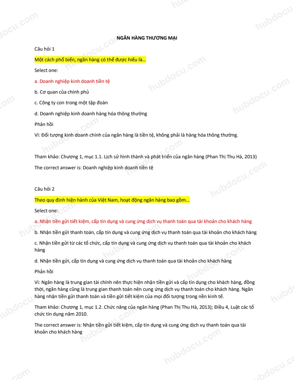 Trắc nghiệm - Ngân hàng thương mại - hệ từ xa NEU (có đáp án)