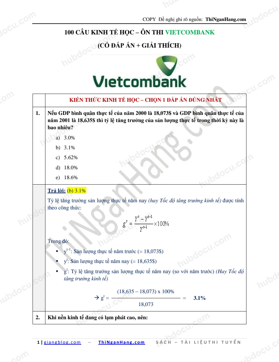 100 câu Kinh tế học (Có Đáp án) - Ôn thi VCB