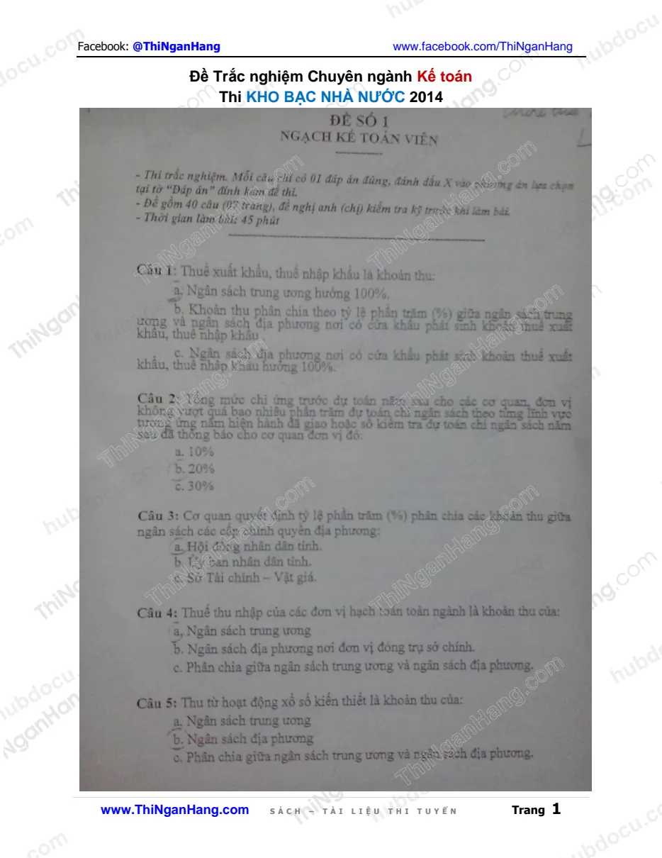 (Ảnh chụp) Đề trắc nghiệm chuyên ngành KẾ TOÁN - Thi Kho Bạc Nhà Nước 2014