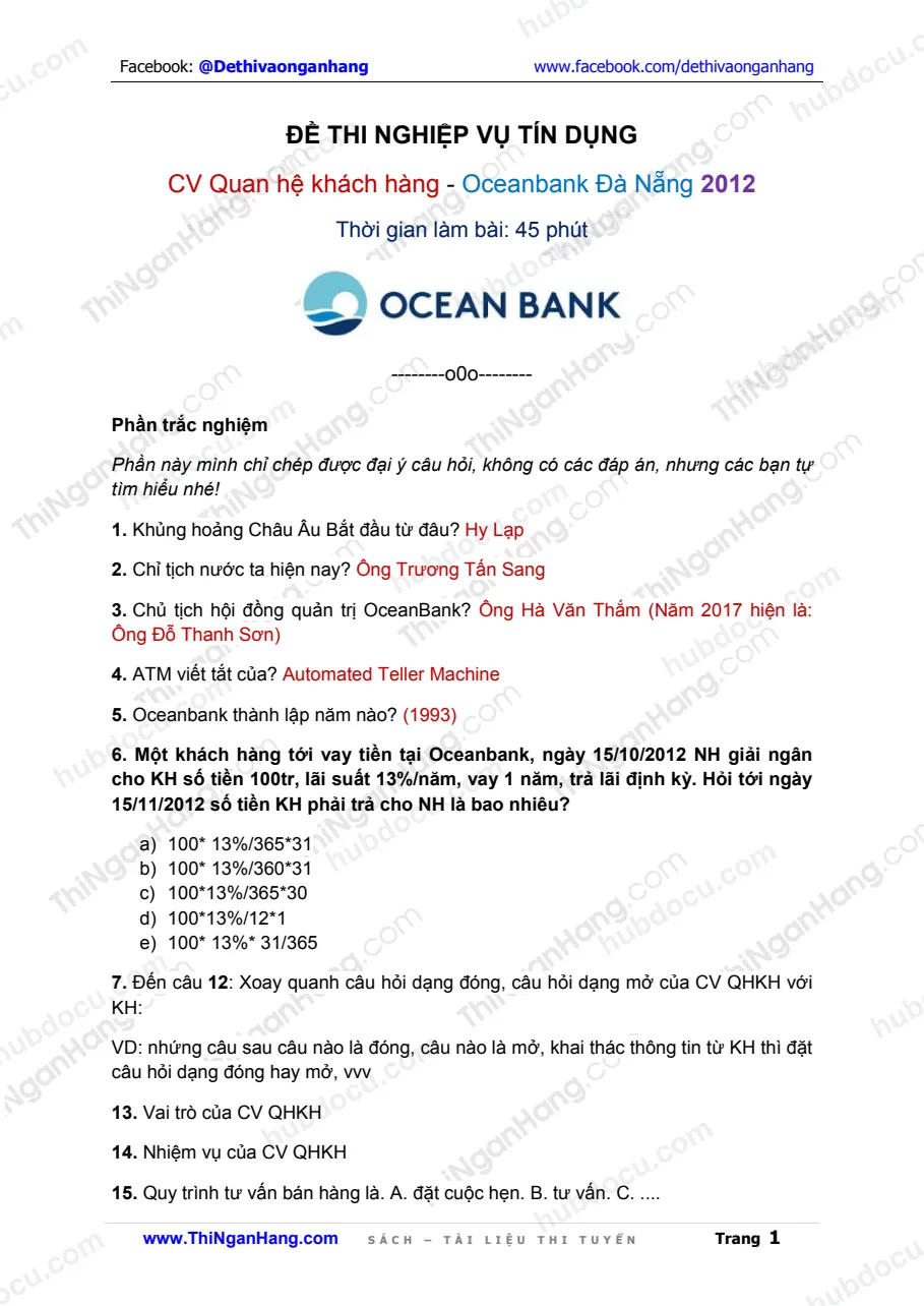 Đề thi Chuyên viên QHKH - OceanBank Đà Nẵng 2012
