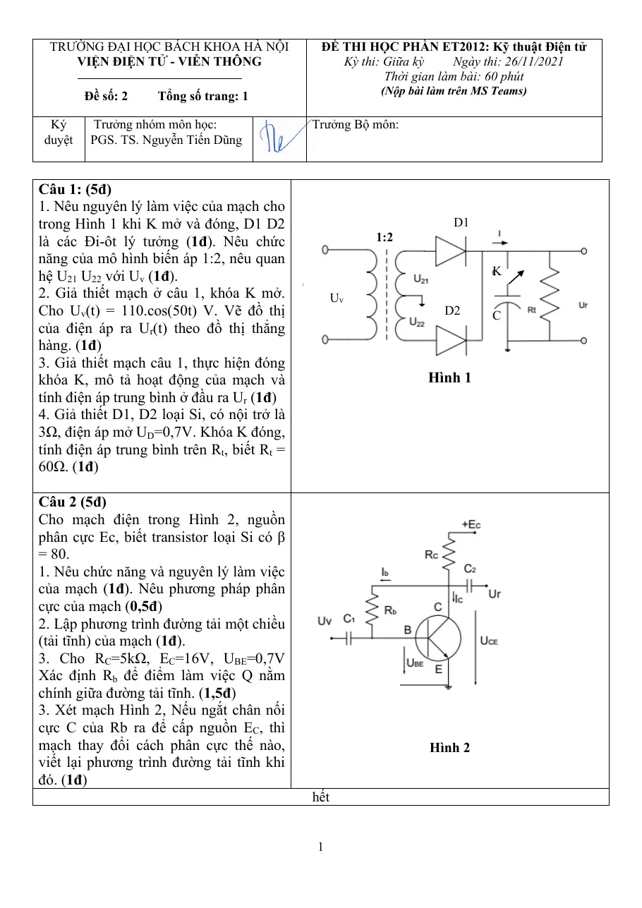 Đề thi giữa kỳ ET2012 - Kỹ thuật Điện tử (Bài 60)