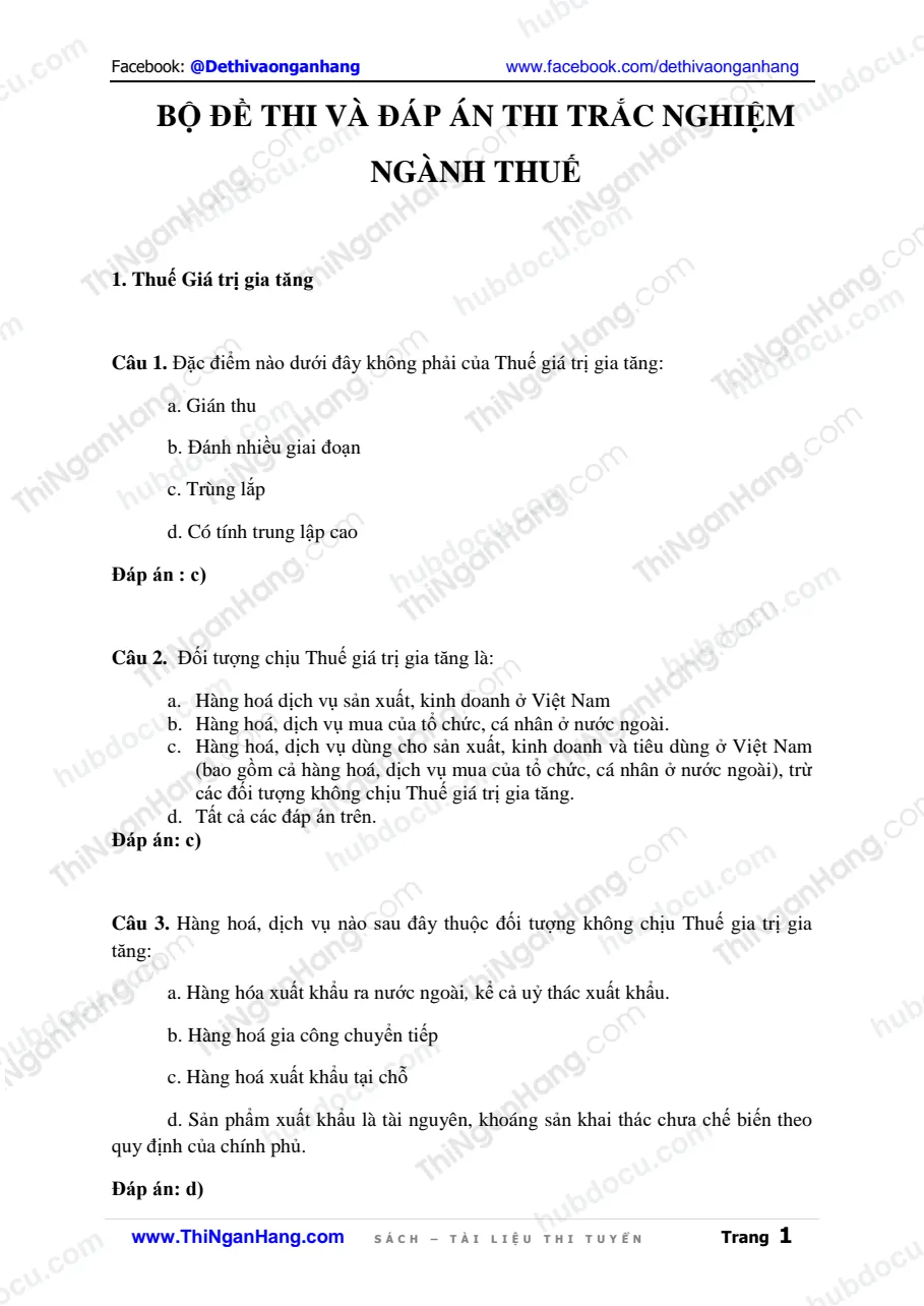 Bộ đề thi và Đáp án thi trắc nghiệm ngành Thuế (Công chức Thuế)