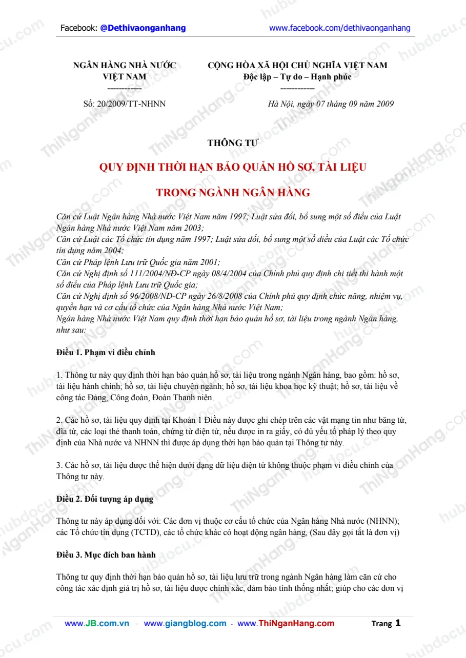 TT 20-2009 Quy định thời hạn bảo quản Hồ sơ tài liệu trong ngành ngân hàng (7-9-2009)