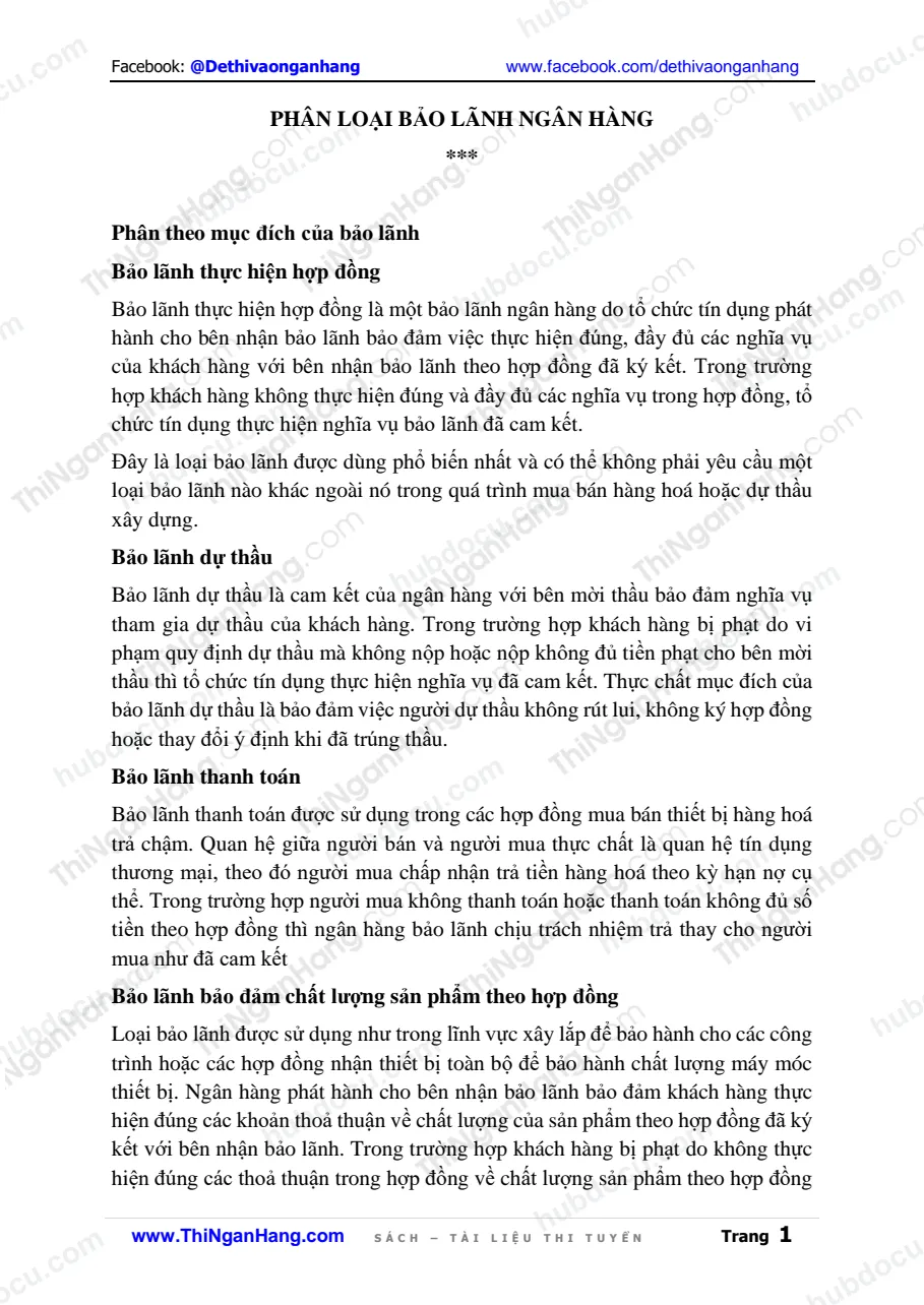 Phân loại Bảo lãnh Ngân hàng