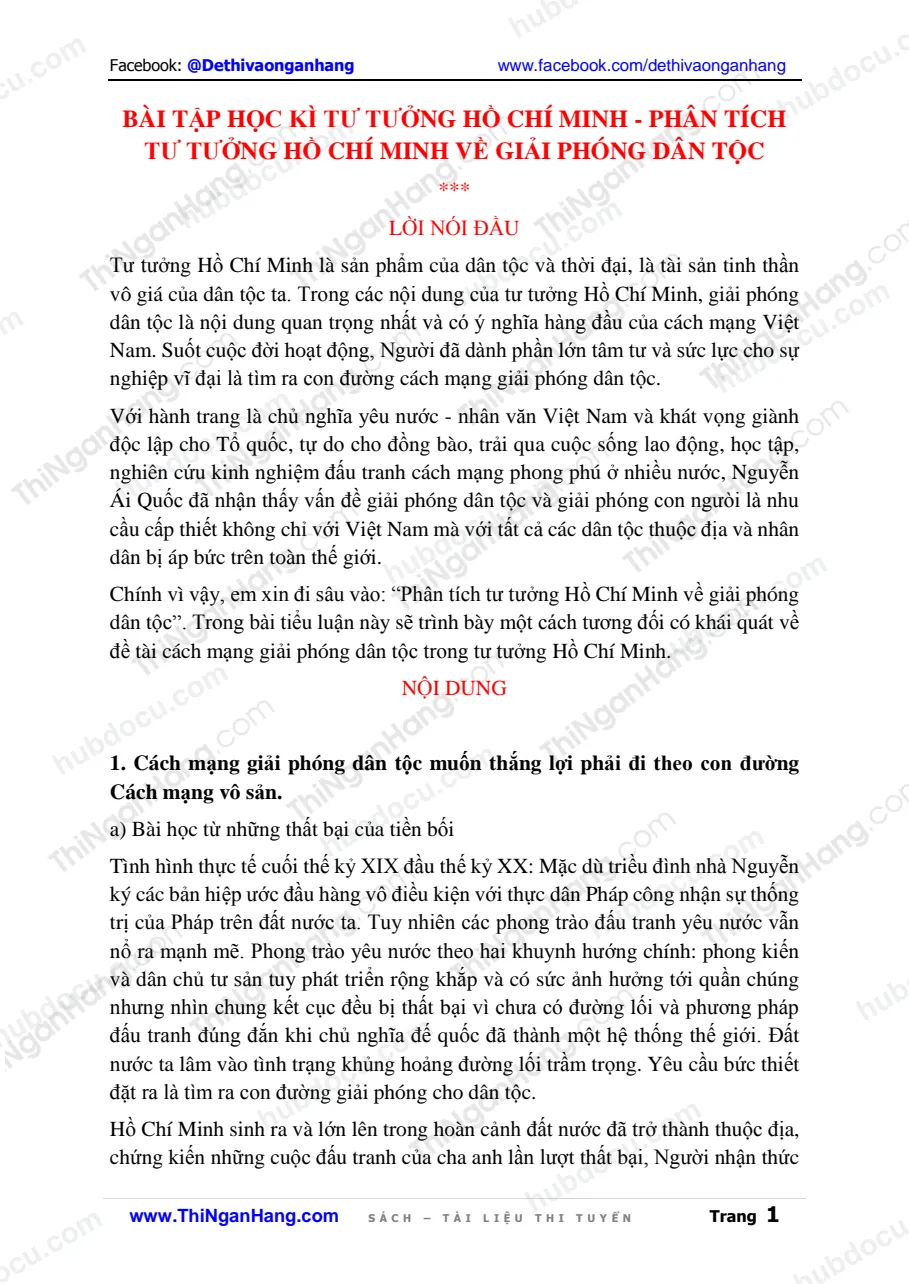 Phân tích tư tưởng Hồ Chí Minh về Giải phóng dân tộc - Bài tập học kì Tư tưởng HCM