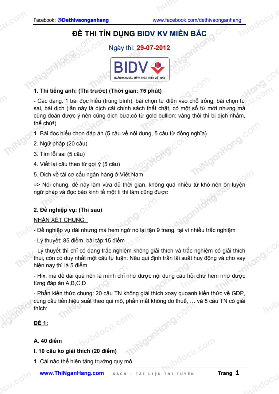 Đề thi Tín dụng vào BIDV (29-7-2012)