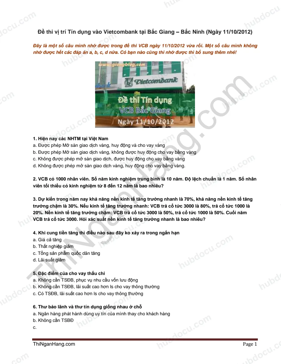 Đề thi Chuyên viên tín dụng Vietcombank (VCB) (11-10-2012)