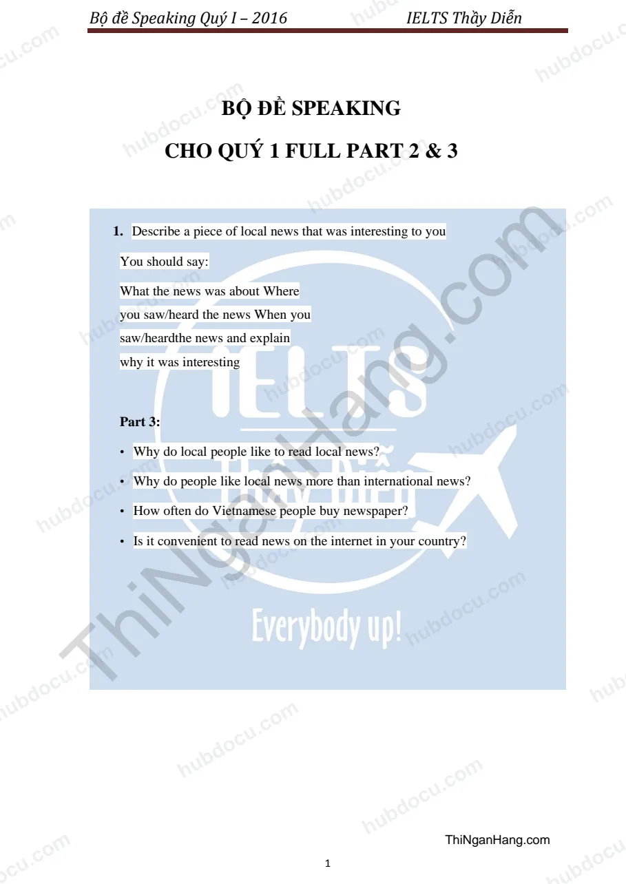 Bộ đề Speaking IELTS Part 2 và 3 Quý I - 2016