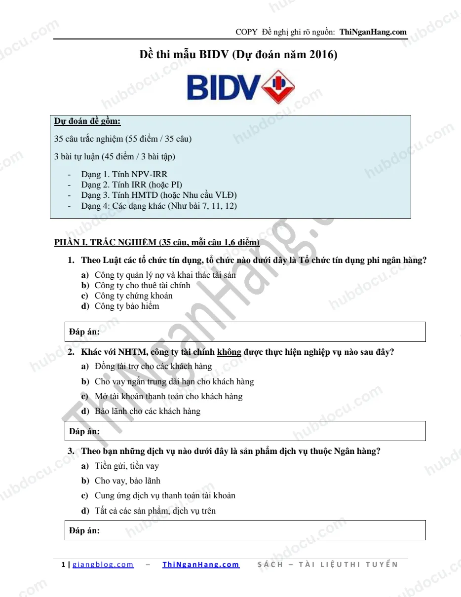 Đề thi mẫu BIDV năm 2016