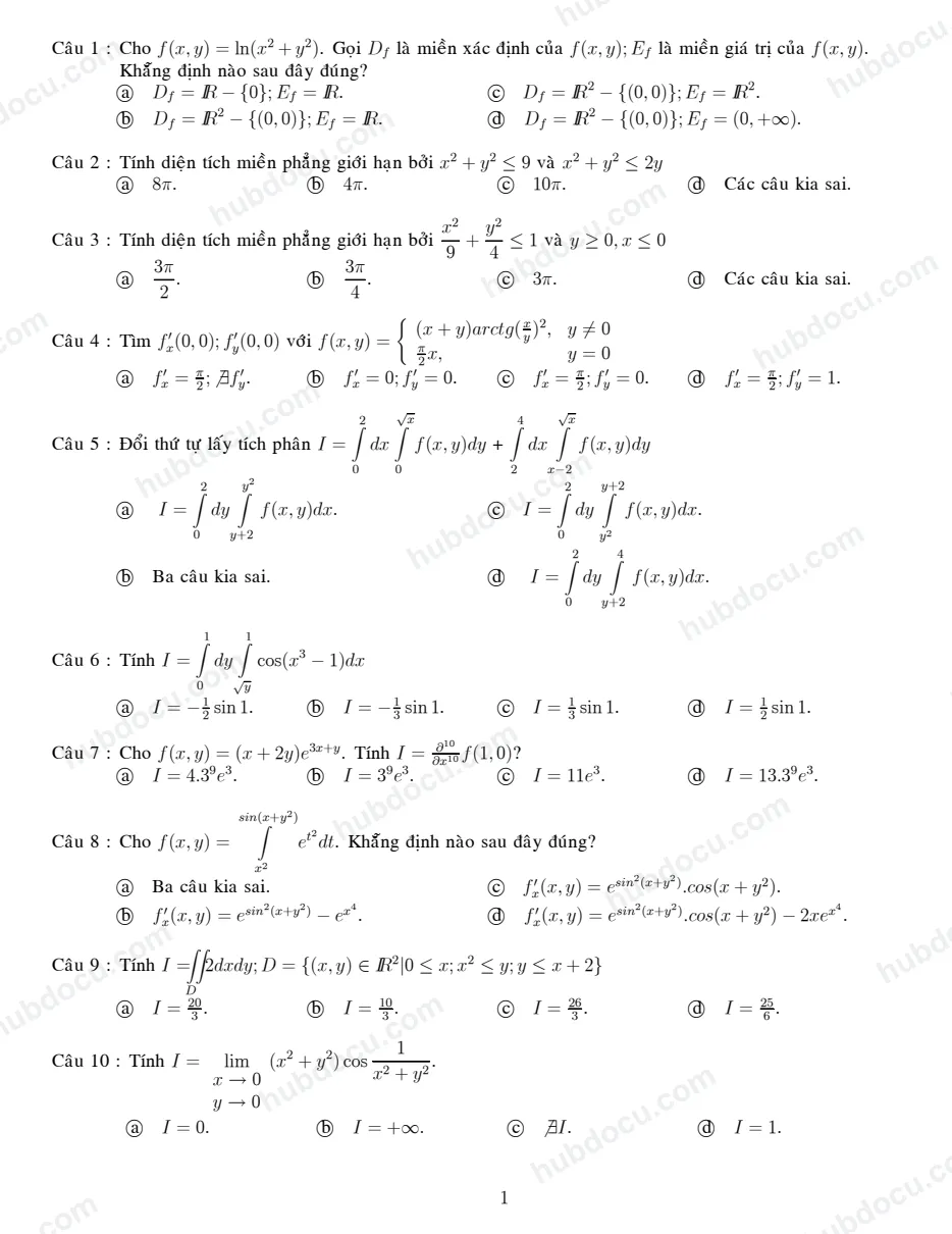 Trắc nghiệm Giải tích 2