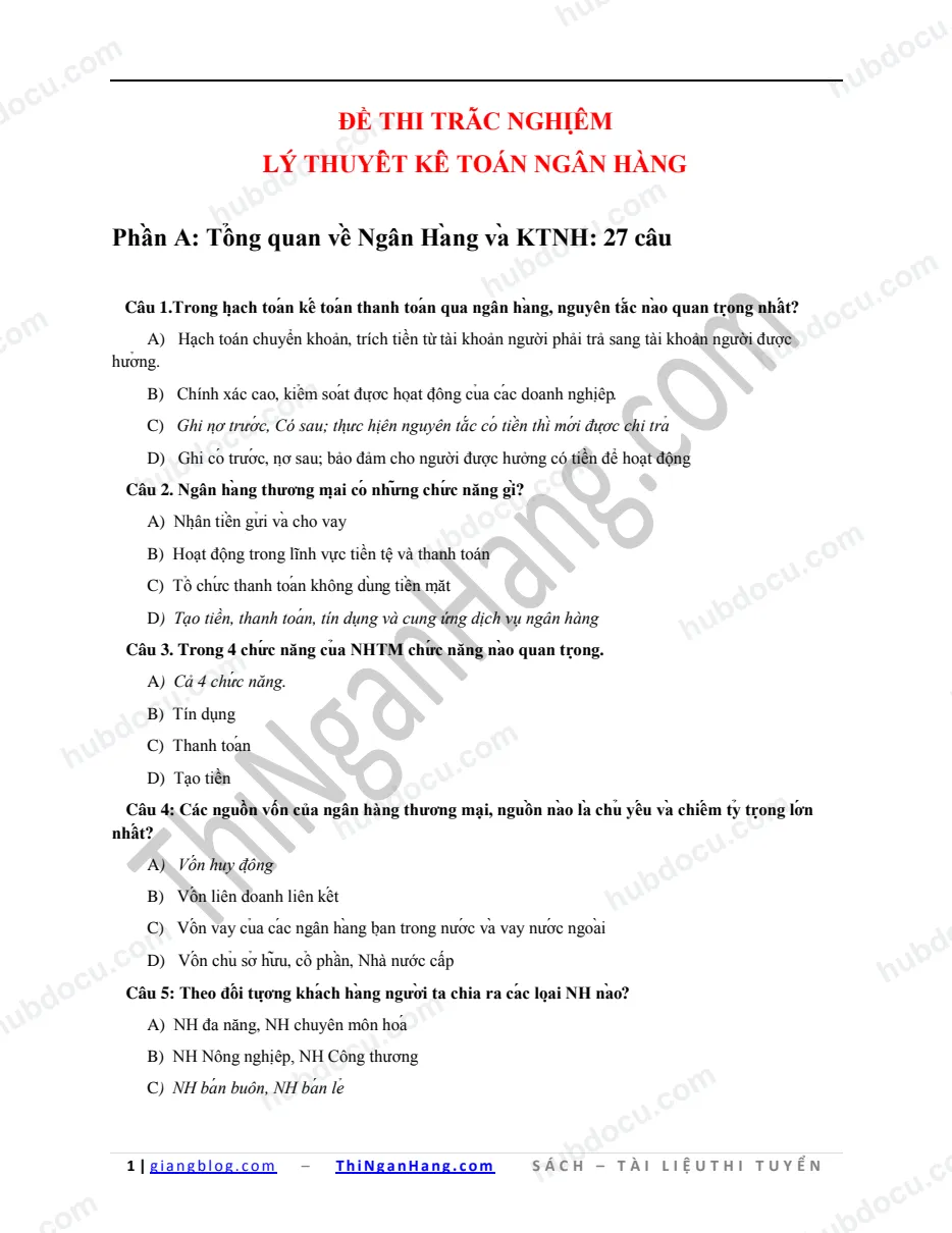 Trắc nghiệm Lý thuyết Kế toán ngân hàng