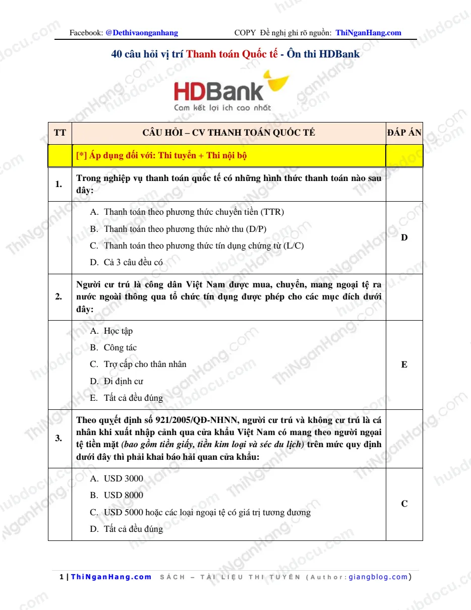 40 câu hỏi vị trí Thanh toán quốc tế - Ôn thi HDBank (kèm Đáp án)
