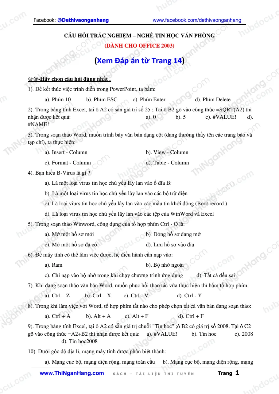 Ngân hàng câu hỏi Trắc nghiệm Tin học văn phòng - Office 2003