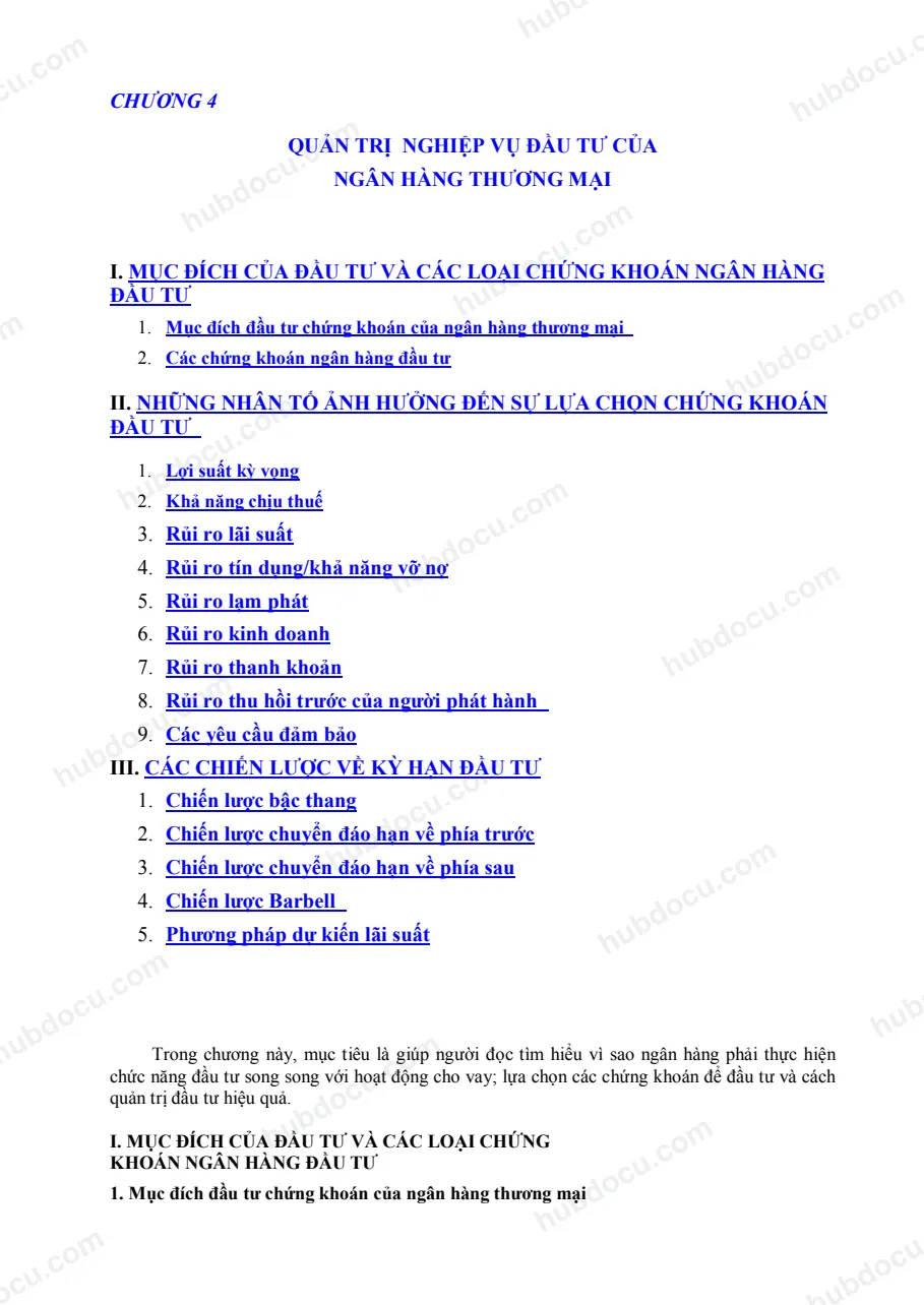 Chương 4. Quản trị nghiệp vụ đầu tư của Ngân hàng thương mại
