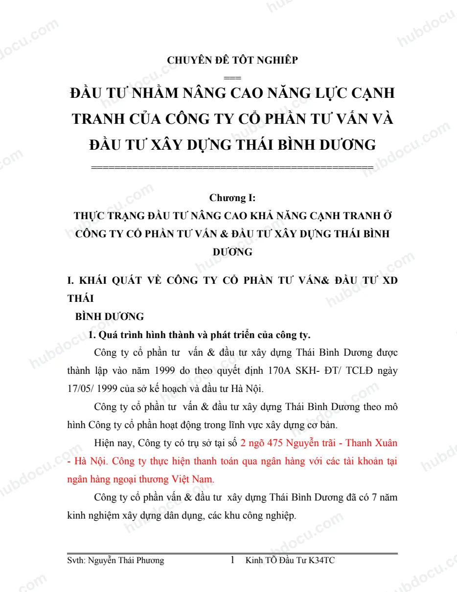 Chuyên đề tốt nghiệp_ Đầu Tư Nhằm Nâng Cao Năng Lực Cạnh Tranh Của Công Ty Cổ Phần Tư Vấn Và Đầu Tư Xây Dựng Thái Bình Dương