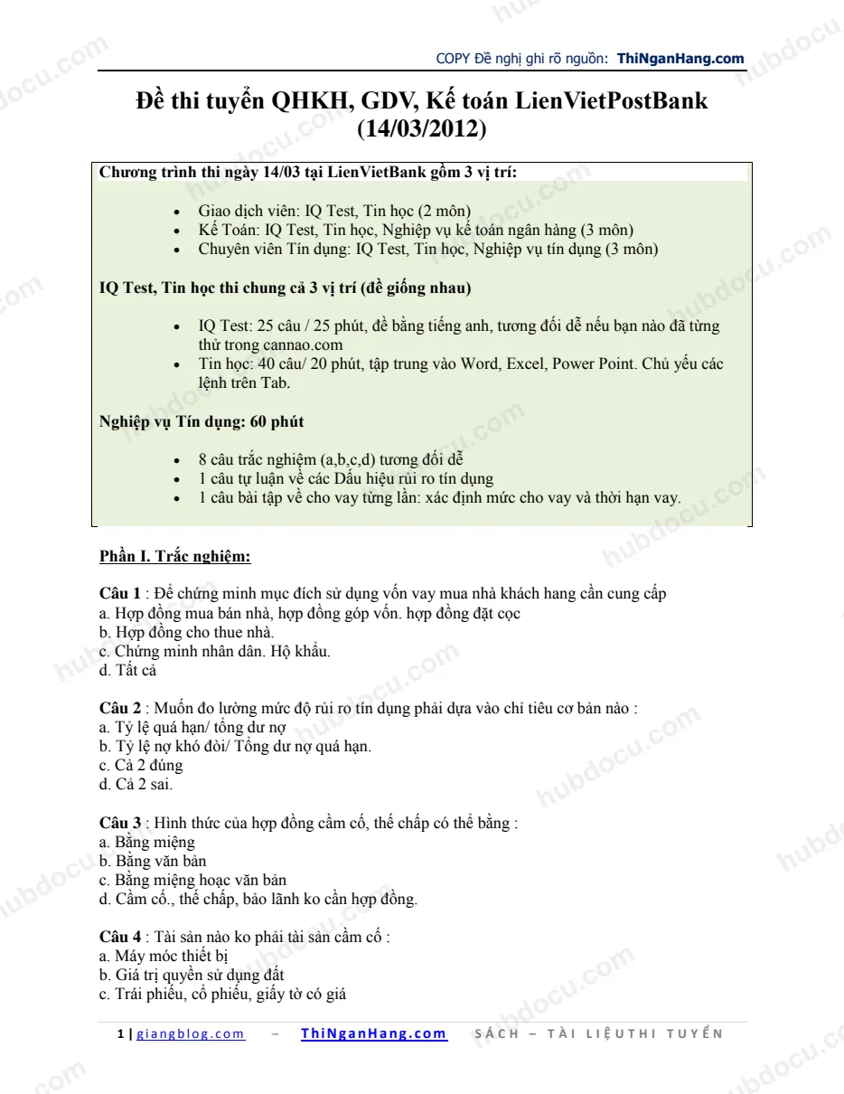 Đề thi QHKH, GDV, Kế toán Liên Việt Post Bank (LVPB) (14-3-2012)