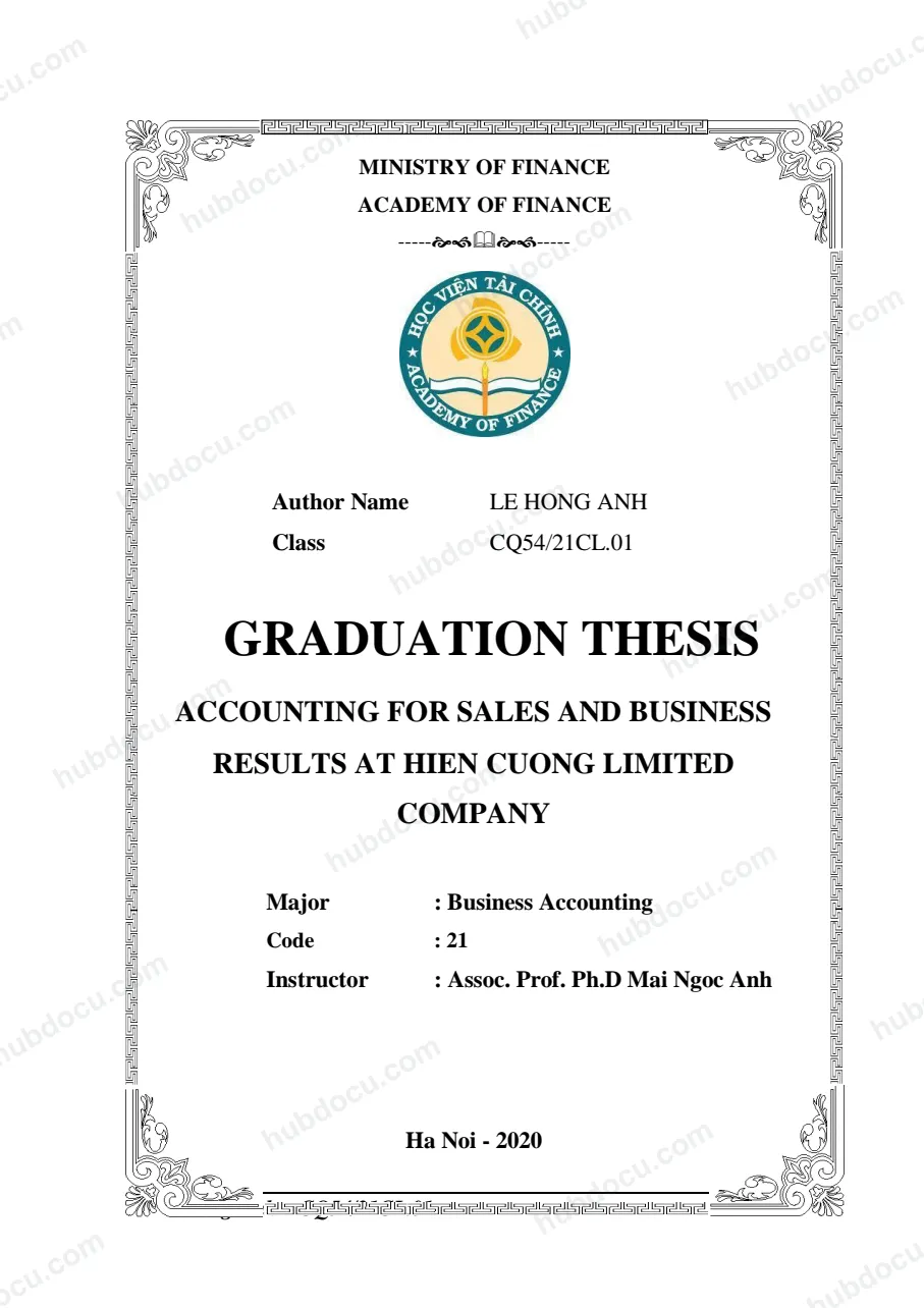 Luận văn tốt nghiệp kế toán (full tiếng Anh) - Accounting for sales and determining business results at Hien Cuong Limited Company