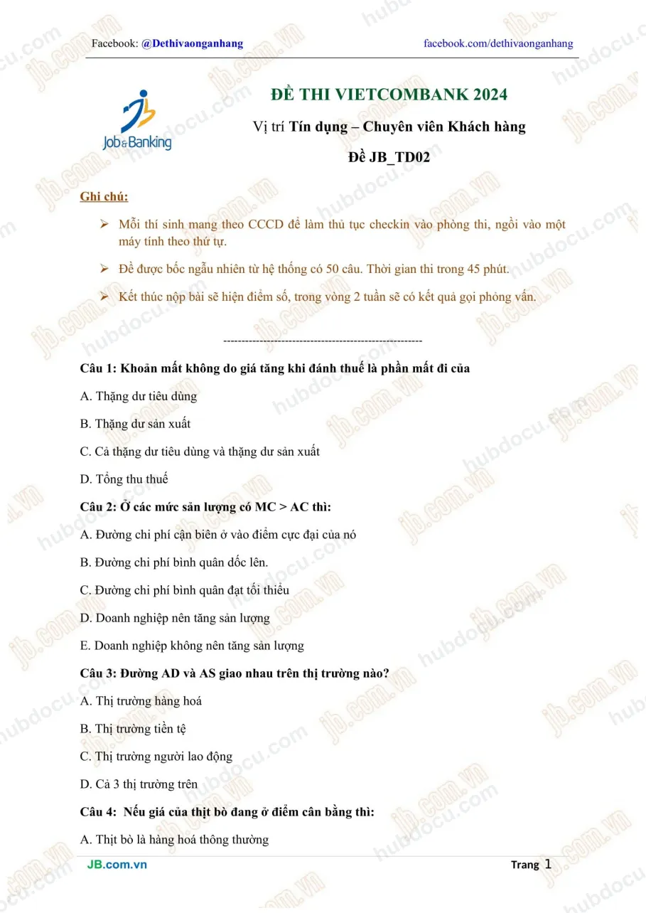 Đề thi Tín dụng Vietcombank 2024 - Đề số 2 (có đáp án)
