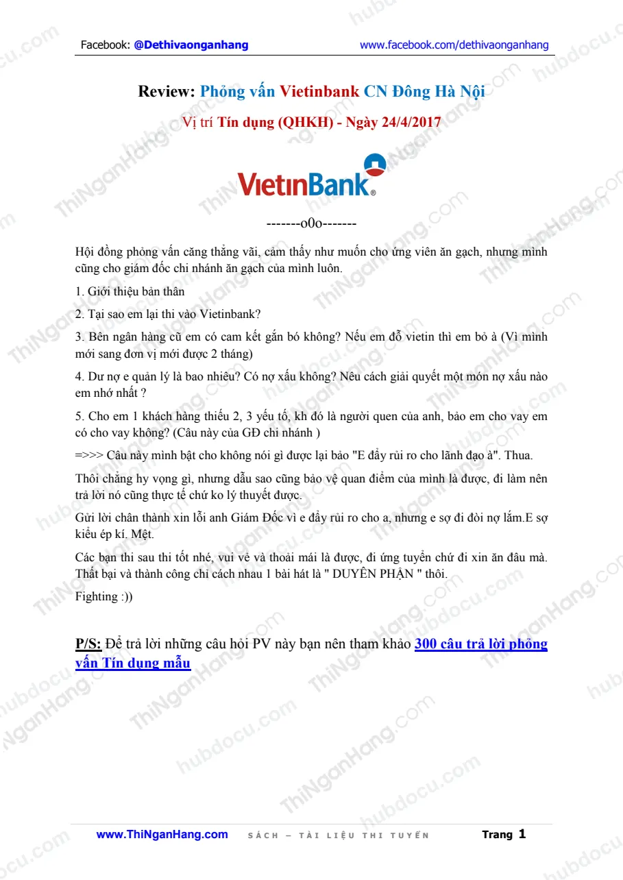 Reviews: Phỏng vấn Tín dụng Vietinbank CN Đông Hà Nội