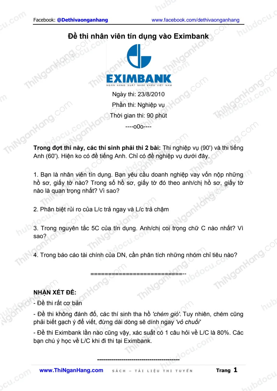 Đề thi CV Tín dụng Eximbank (22-8-2010)