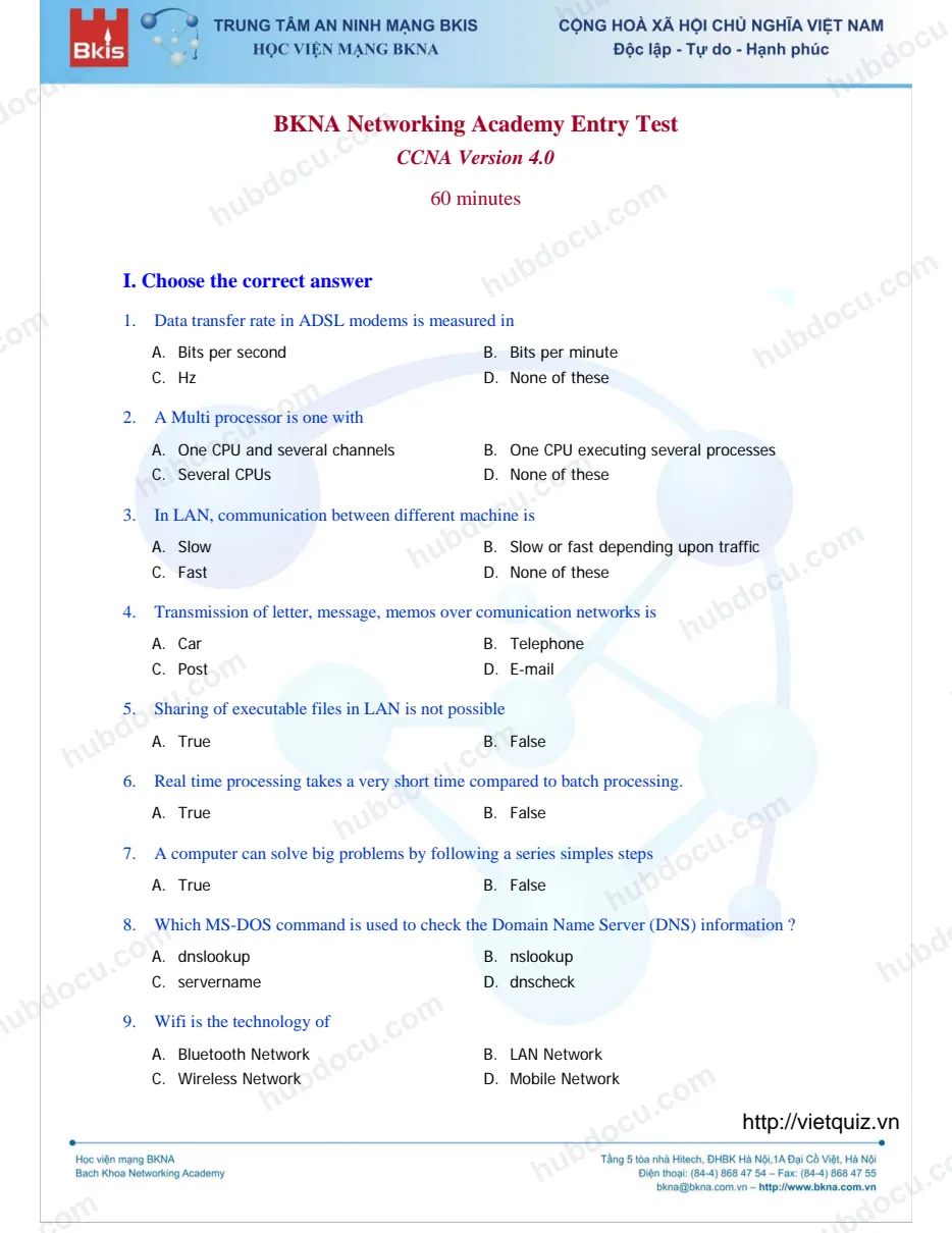 Đề thi đầu vào khoá học BKNA - BKIS