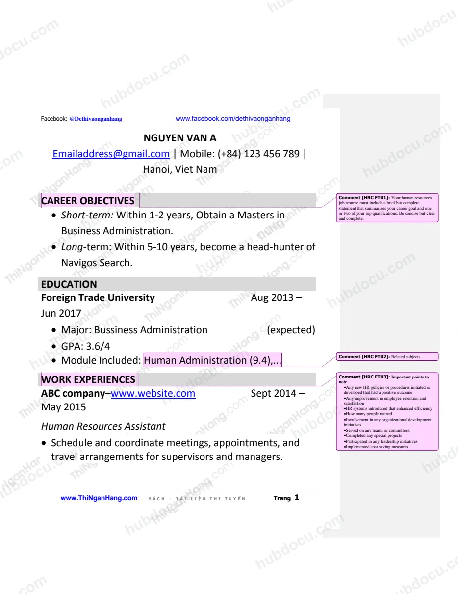 Mẫu CV tiếng Anh: ngành Nhân lực (Human Resource)