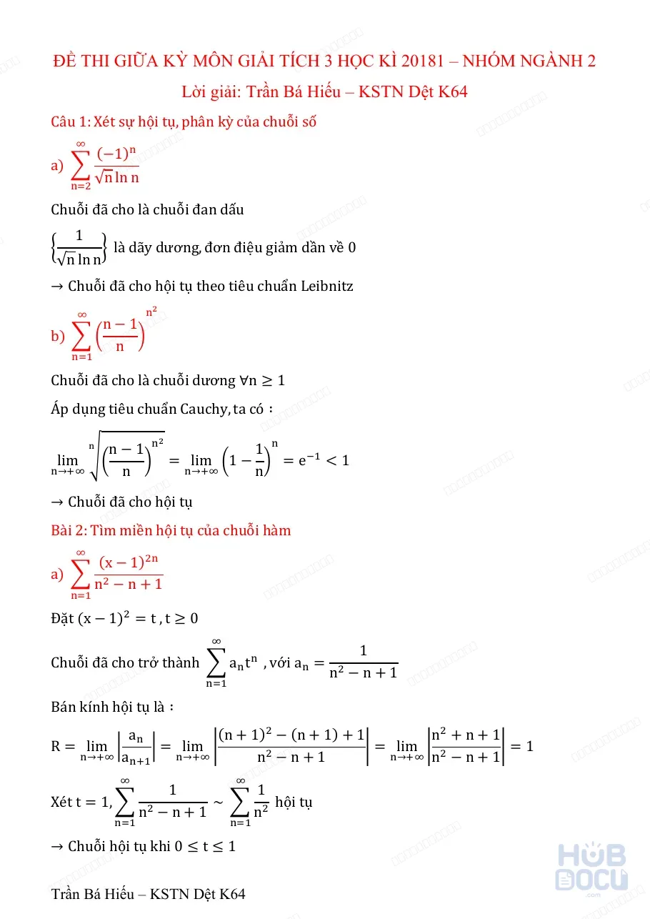 Đề thi Giữa kỳ Giải tích 3 (HUST) 20181 nhóm 2