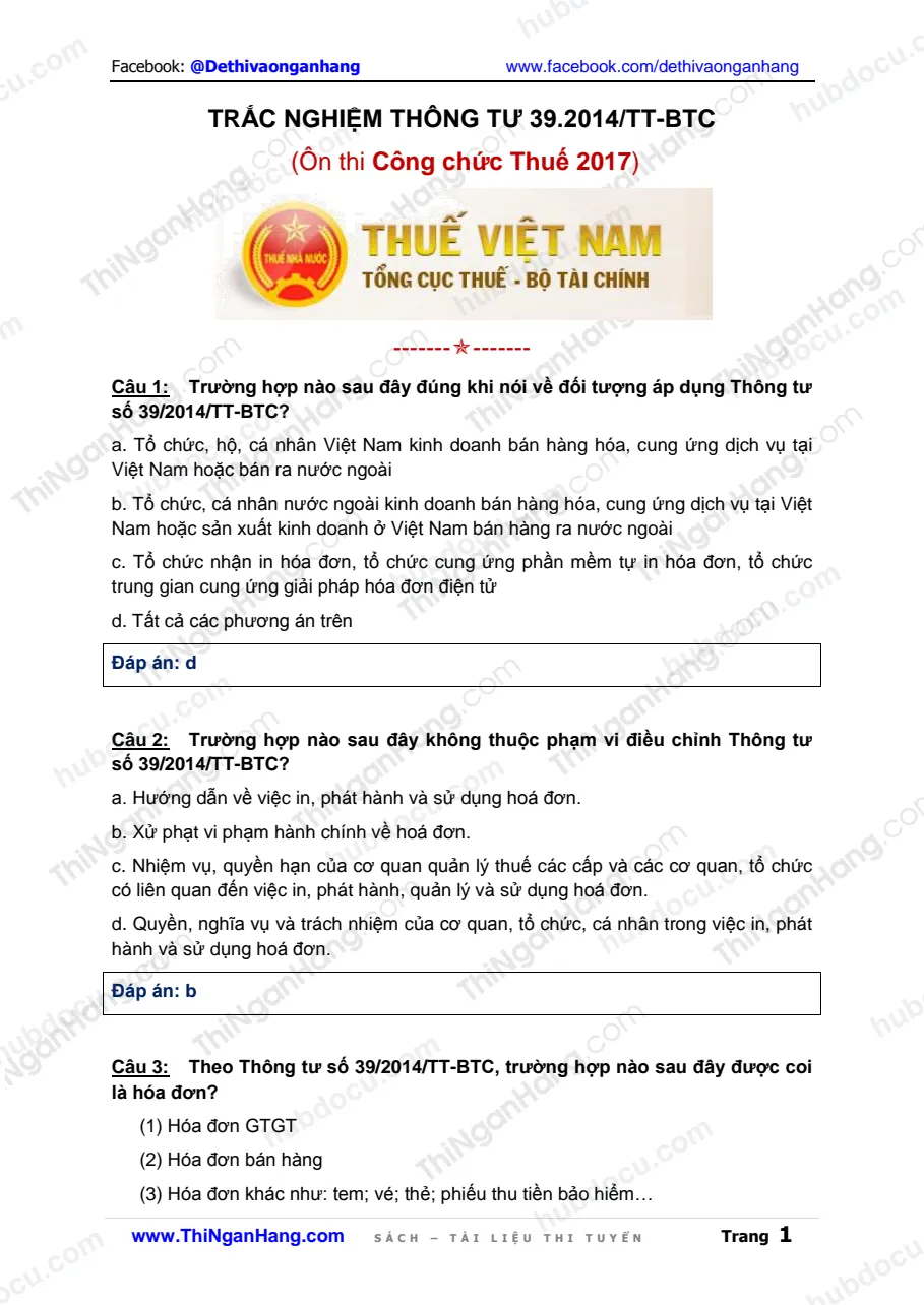 Trắc nghiệm Thông tư 39-2014-TT-BTC - Ôn thi Công chức Thuế