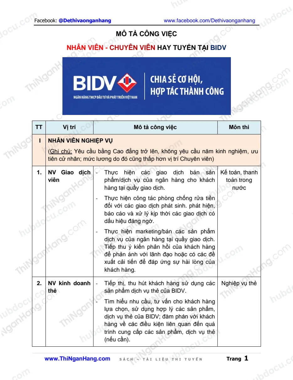Mô tả công việc Nhân viên - Chuyên viên tại BIDV