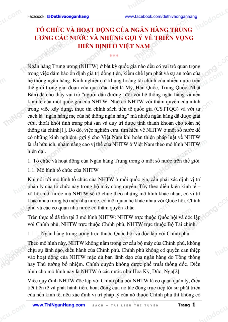 Tổ chức và hoạt động của Ngân hàng Trung ương các nước - Những gợi ý về triển vọng hiến định ở Việt Nam