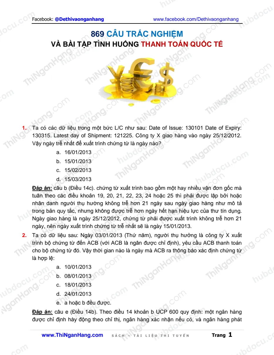 869 câu trắc nghiệm và Bài tập tình huống Thanh toán quốc tế (Kèm Đáp án chi tiết)
