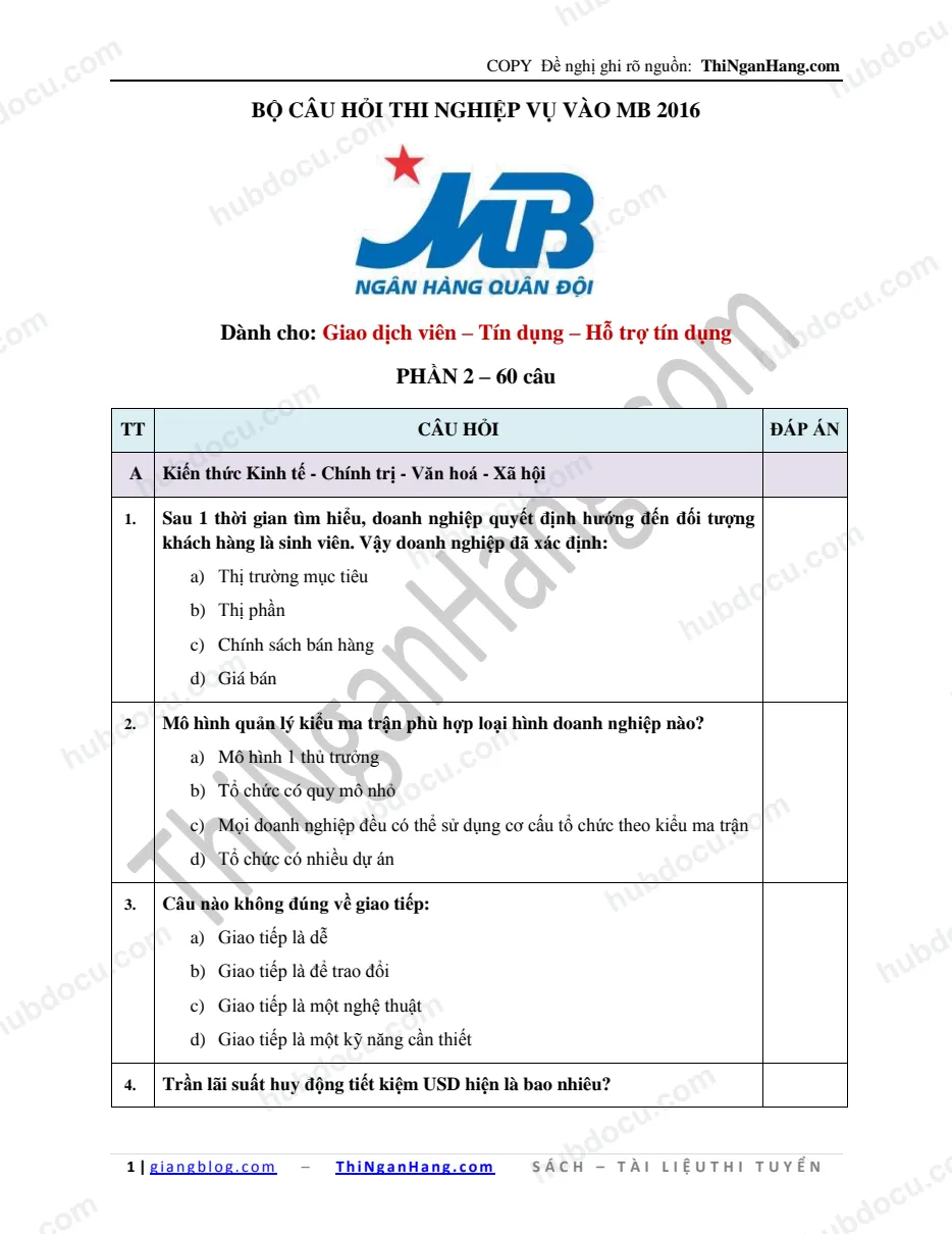 Bộ câu hỏi thi MB 2016 (Phần 2) (GDV+Tín dụng+HTTD) (Có Đáp án)