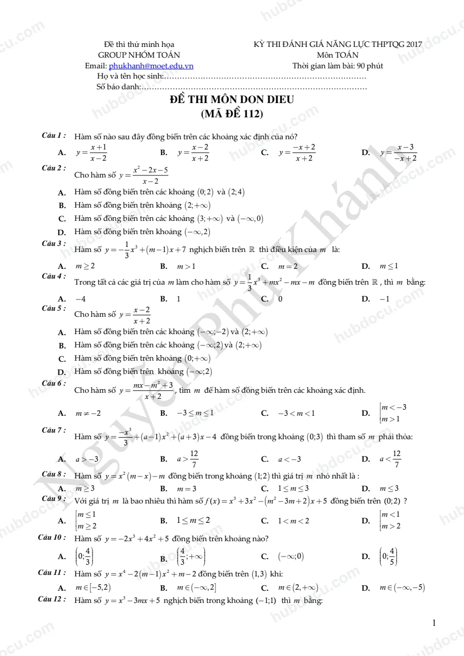 277 Câu hàm số 12, thầy Nguyễn Phú Khánh