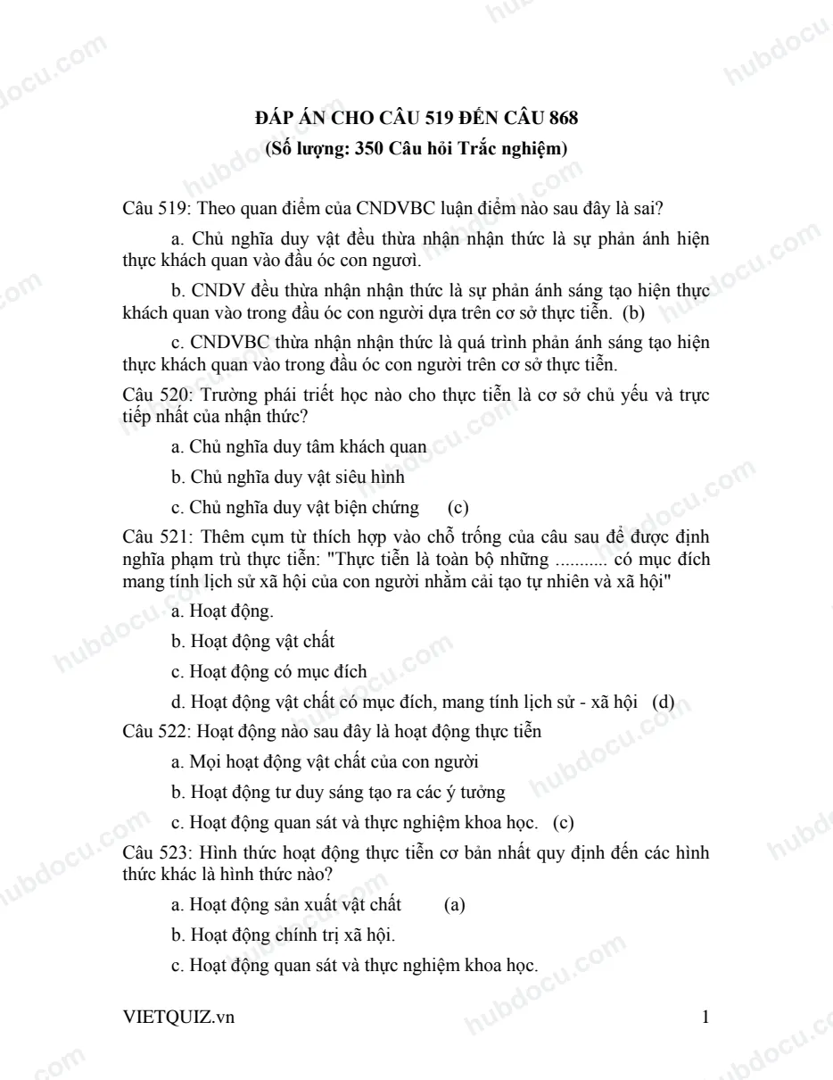 350 câu trắc nghiệm Triết (kèm Đáp án)