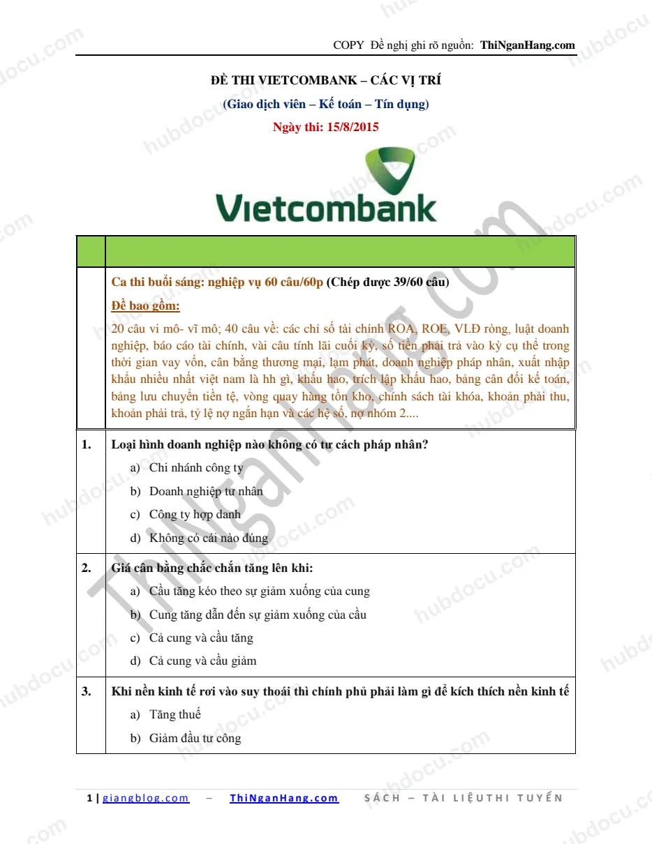 Giải đề GDV-Tín dụng-Kế toán Vietcombank (VCB) (15-8-2015)