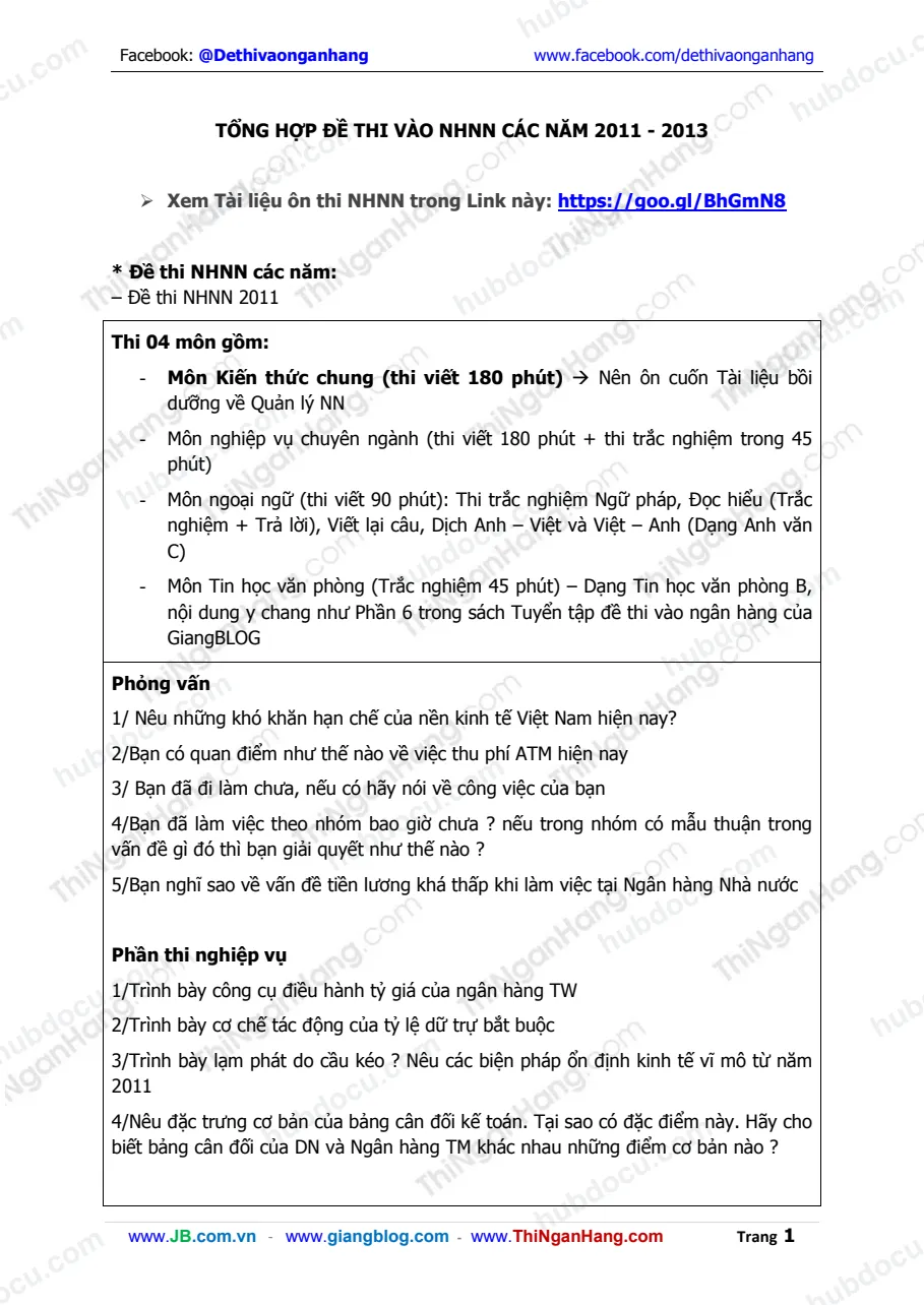 Tổng hợp Đề thi vào Ngân hàng Nhà nước (NHNN) các năm