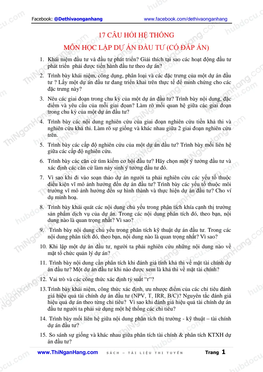 17 Câu hỏi hệ thống môn học Lập dự án đầu tư (có đáp án)