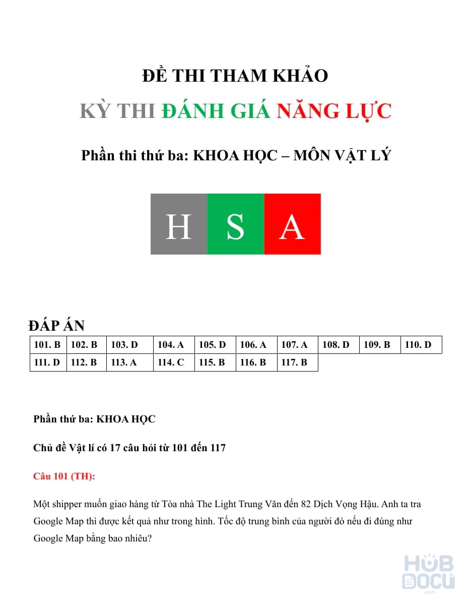 Đề thi Đánh giá năng lực (HSA) Đề 2 - Phần khoa học - Môn vật lý (GV)